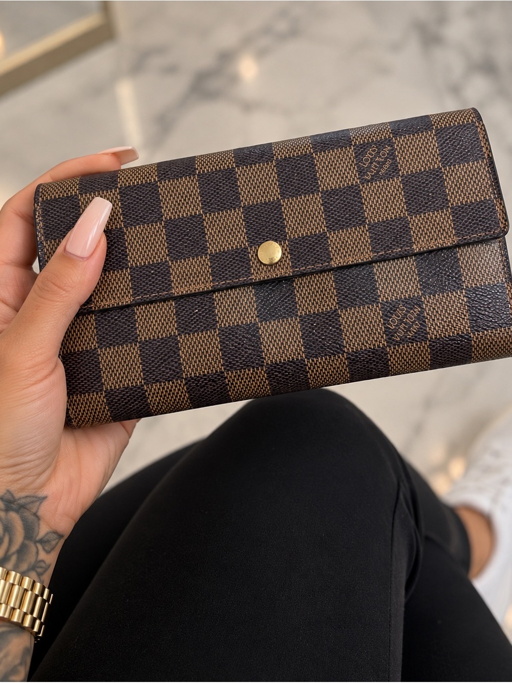 Louis Vuitton Damier Ebene Sarah Wallet Brown Checkered Long Wallet